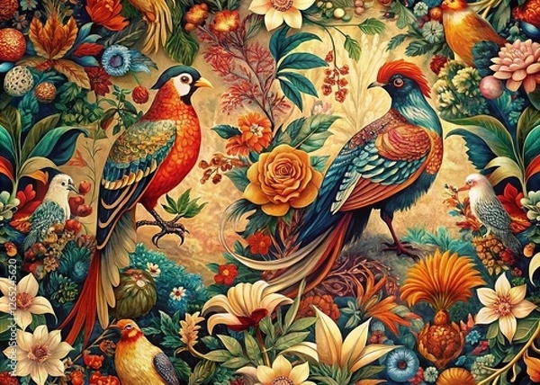Obraz Vintage Bird Pattern Sustainable Art Panoramic Print