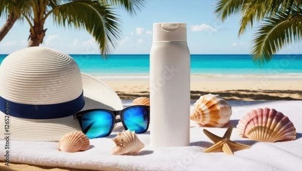 Obraz sunscreen advertisement, sunscreen products, summer, sun glasses on the beach, suntan lotion on the beach, summer vacation on the beach