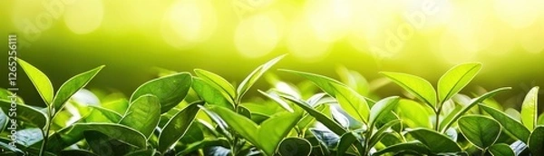 Fototapeta Lush green leaves basking in soft sunlight, creating a serene and vibrant atmosphere of nature's beauty and growth.