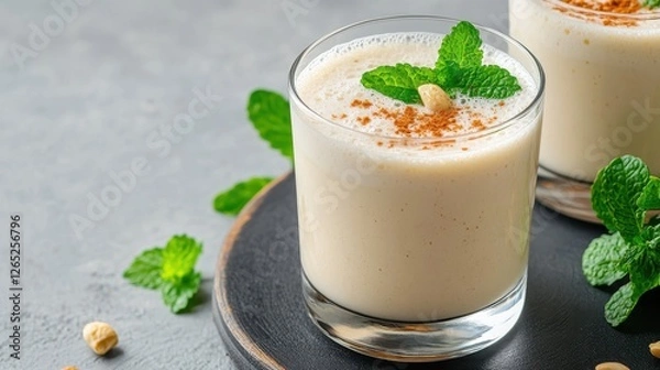 Fototapeta Chilled Lebanese Laban Ayran Drink in Clear Glass with Mint Leaves