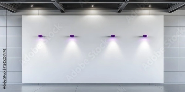 Obraz A trapezoidal white wall with four violet spotlights, located in a sleek room with smooth grey tiles and industrial-style beams.