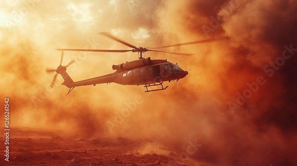 Fototapeta Military helicopter in active combat zone. War chopper aircraft flying for the army and landing in the desert