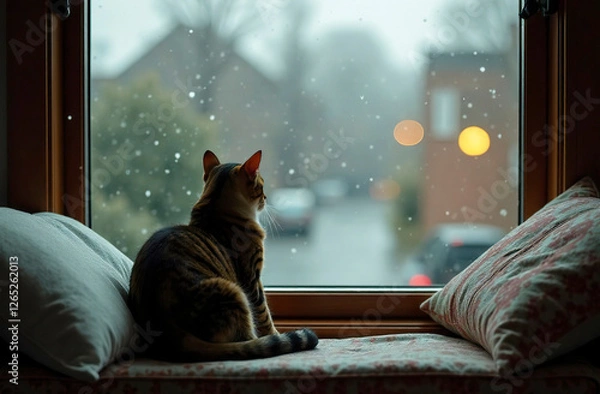 Fototapeta The cat is sitting next to a large window and looking out at the city, it's cloudy and raining outside.