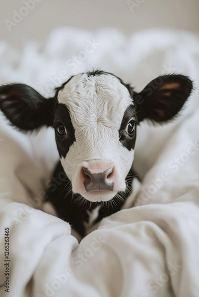 Fototapeta Cute baby calf, with a black and white face, laying in a bed with a cozy blanket. Cute animal magazine cover	