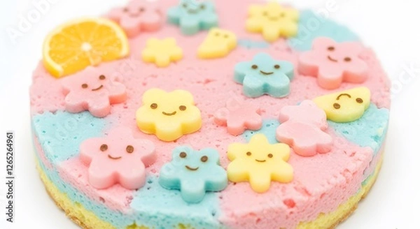 Fototapeta Colorful Cake with Smiling Flower Candies and Orange Slice Topping