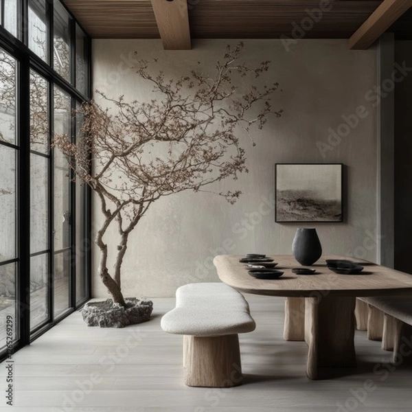 Fototapeta A neutral dining room with organic shapes and natural elements