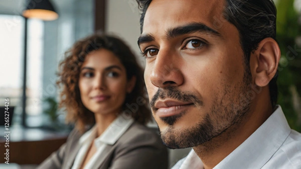 Obraz Two professionals in a modern office setting.