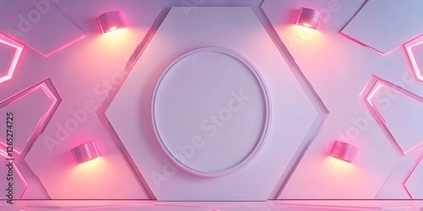 Fototapeta A trapezoidal white wall with four magenta spotlights, holding one oversized oval blank frame at the center. The surrounding glowing geometric tiles add a futuristic ambiance.