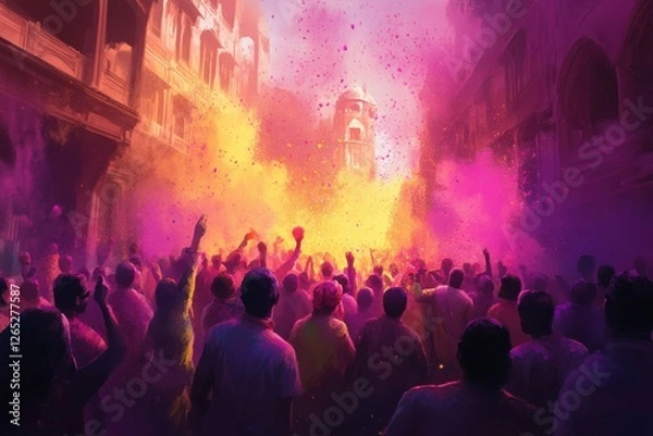 Obraz Happy Holi Rangpanchami celebration background, a vibrant crowd throwing bright gulal powder in the air, with joyous faces smeared in vivid colors, set in a festive open street. 