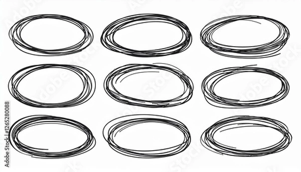 Obraz Hand drawn doodle oval set. Hand drawn marker, pen stroke line oval frame. Scribble round frame for text highlight. Grunge scratch style set. perfect any project