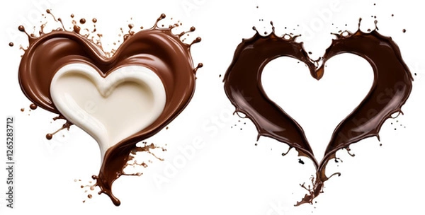 Fototapeta Two chocolate splashes in the shape of a heart, cut out. Flowing and dripping chocolate with clipping path.