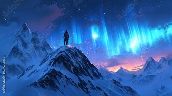 Fototapeta Snowy mountain peak with a lone figure, vibrant aurora borealis overhead. Illustrates achievement, solitude, wonder, ideal for adventure, travel themes.