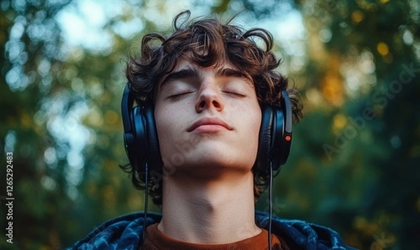 Fototapeta Person with eyes closed, music streaming through headphones, surrounded by green natural landscapes, power of music as a form of escape and, Generative AI