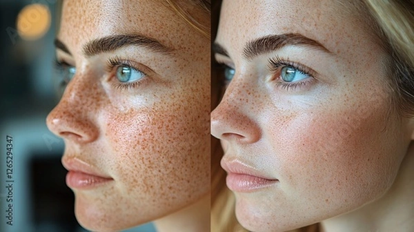 Fototapeta A remarkable skincare transformation showing before and after effects of facial treatments. The skin appears more radiant, smooth, and youthful, highlighting the benefits of skincare and rejuvenation