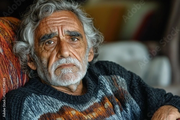 Obraz Elderly man with gray hair wearing a sweater looks thoughtfully while seated indoors in a cozy environment