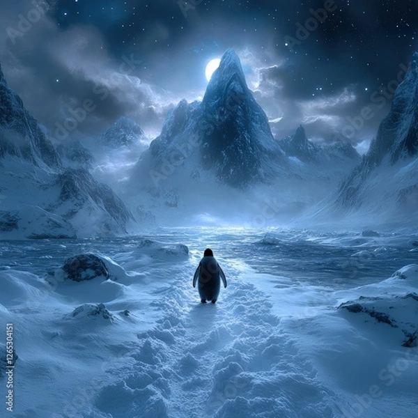 Fototapeta Lone penguin walks snowy path, moonlit mountains.