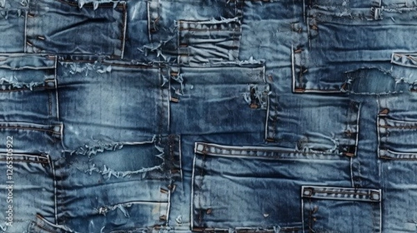 Fototapeta seamless denim pattern with a textured, worn-out look featuring multiple distressed pockets, frayed edges, and faded blue tones. The fabric gives a vintage and rugged feel with intricate detailing