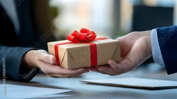 Fototapeta hand of a person giving a gift box to another person in an office setting