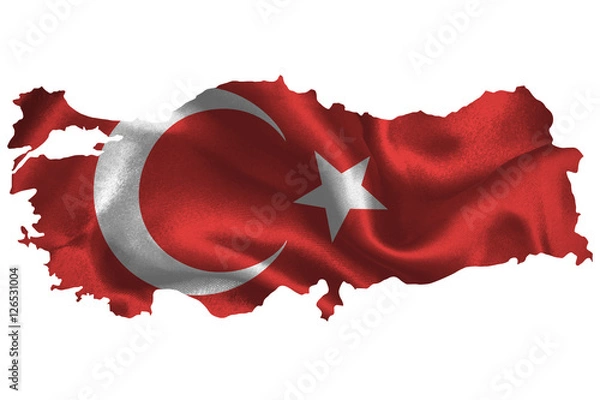 Fototapeta Map of Turkey with national flag on fabric surface.