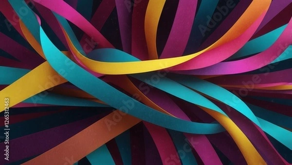 Fototapeta A captivating 3D design with fluid, luminous neon ribbons in cyan, magenta, and yellow