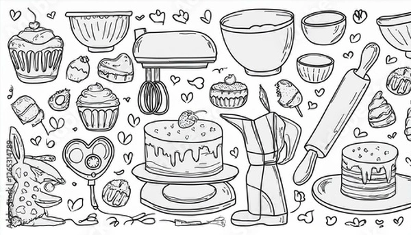 Fototapeta Hand drawn set of baking and cooking elements, mixer, cake, spoon, cupcake, scale. Doodle sketch style. Bakery element drawn by digital brush-pen. Illustration for icon, menu, recipe design.