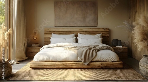Fototapeta Modern rustic home interior with warm natural hues, featuring exposed wood, beige textiles, and soft amber lighting with copy space