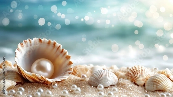 Fototapeta Pearl in opened seashell on sandy beach with ocean background