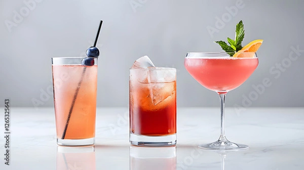 Fototapeta Elegant cocktail arrangement featuring three colorful drinks with garnishes. vibrant colors and refreshing presentation evoke festive atmosphere