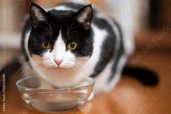 Obraz Portrait of a beautiful black and white cat drinking water from a transparent bowl