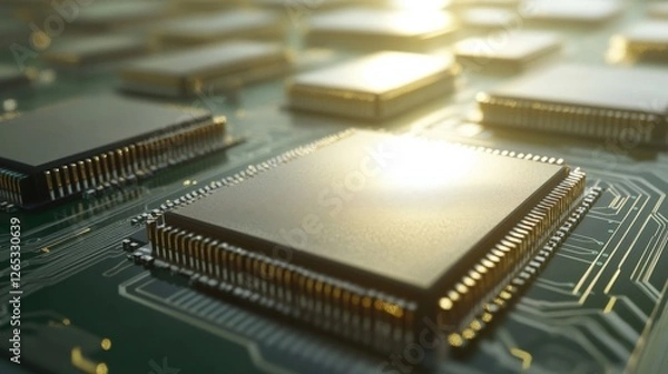 Fototapeta A closeup perspective of layered circuit boards showing multiple stacked chips with their connection interfaces showcasing the evolution of multicore processing capabilities designed