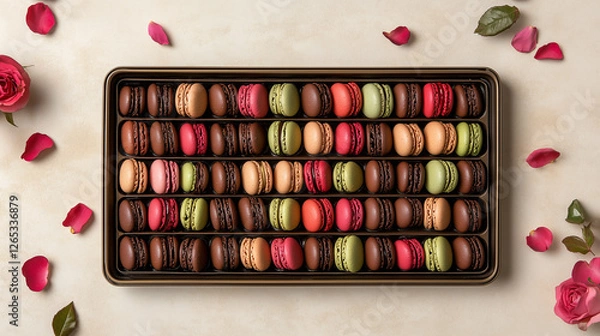 Fototapeta Macarons in various flavors are placed on a tray and sprinkled with rose petals for decoration.