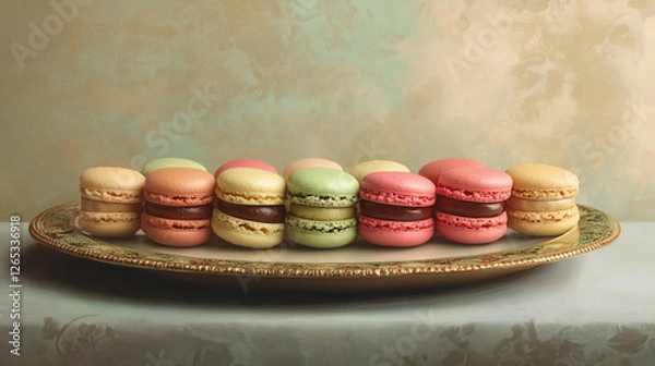 Fototapeta Assorted macarons in pistachio, raspberry and chocolate, placed on a vintage ceramic plate.