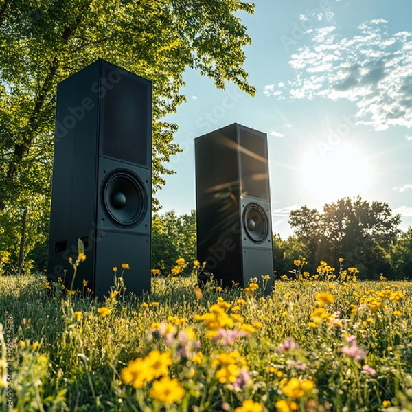 Fototapeta Large speakers surrounded by colorful flowers in a sunlit field during afternoon. Generative AI