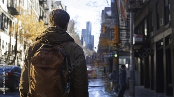 Fototapeta Filmmaker with a backpack walks through a bustling city street, capturing the essence of urban life. The scene highlights the blend of creativity and the dynamic city environment