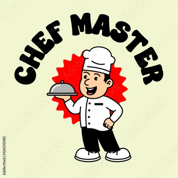 Fototapeta Chef Cooking retro vintage mascot character clip art. Chef Restaurant Retro vintage mascot character with gloved hand and foot. Walking, waving, standing, funny, cute.