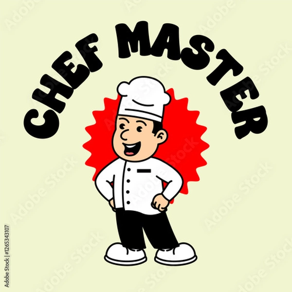 Fototapeta Chef Cooking retro vintage mascot character clip art. Chef Restaurant Retro vintage mascot character with gloved hand and foot. Walking, waving, standing, funny, cute.