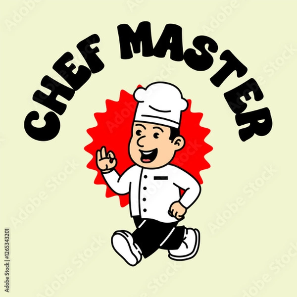 Fototapeta Chef Cooking retro vintage mascot character clip art. Chef Restaurant Retro vintage mascot character with gloved hand and foot. Walking, waving, standing, funny, cute.