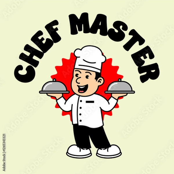 Fototapeta Chef Cooking retro vintage mascot character clip art. Chef Restaurant Retro vintage mascot character with gloved hand and foot. Walking, waving, standing, funny, cute.