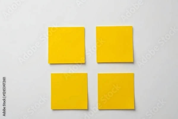 Fototapeta four square yellow pieces of paper are arranged on a white surface