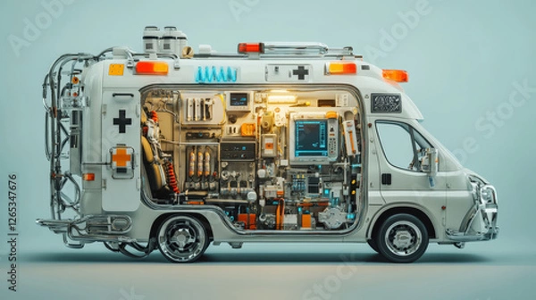 Fototapeta Giant life-saving first-aid kit shaped like an ambulance, filled with futuristic medical gadgets, emergency preparedness concept.