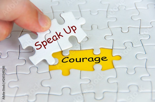 Fototapeta Speak Up and Courage text on jigsaw puzzle. Cultivating Speak Up Culture concept