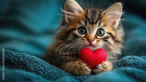 Fototapeta Cute Kitten Hugging a Red Heart