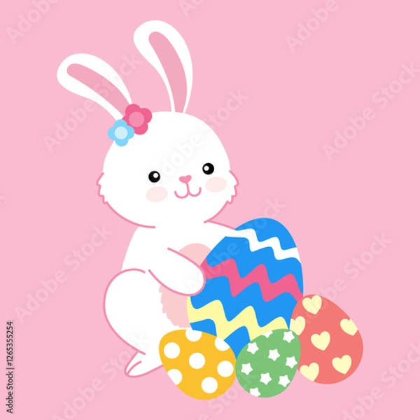 Fototapeta A cute bunny sitting and collecting Easter eggs, ideal for invitations and holiday cards.