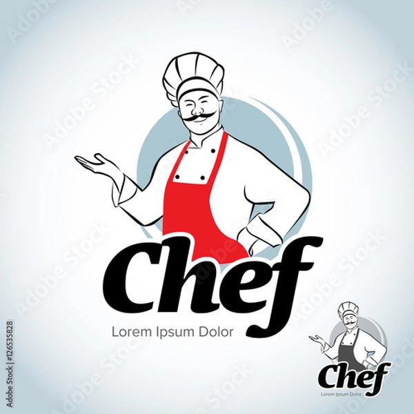 Fototapeta Chef logotype template. Cafe, restaurant, eatery vector logo design template. Menu, food or cooking, cuisine logotype. Isolated vector illustration.