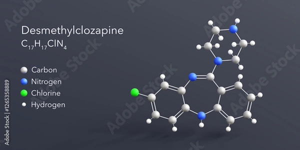 Fototapeta desmethylclozapine molecule 3d rendering, flat molecular structure with chemical formula and atoms color coding