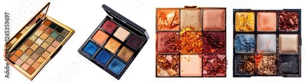 Fototapeta Collection of luxury eyeshadow palettes with a variety of shades and textures on a transparent background. Includes warm, cool, and bold metallic, matte, and shimmer tones. Crushed and intact powders 