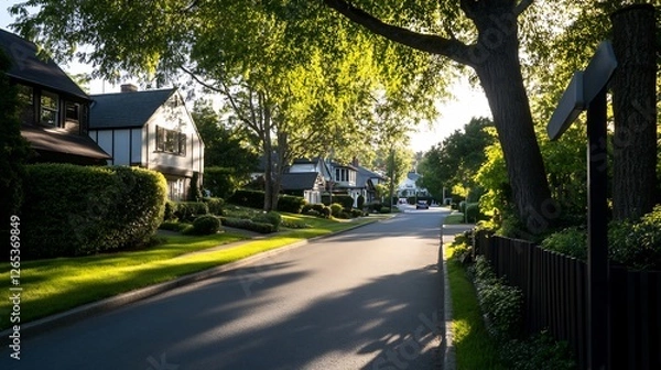 Obraz Quiet suburban street with sun-dappled shadows and verdant landscaping