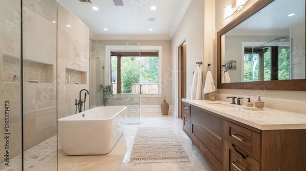 Fototapeta Smart mirror in a minimalist bathroom, displaying the weather, news, and personal health insights, blending decor with technology.