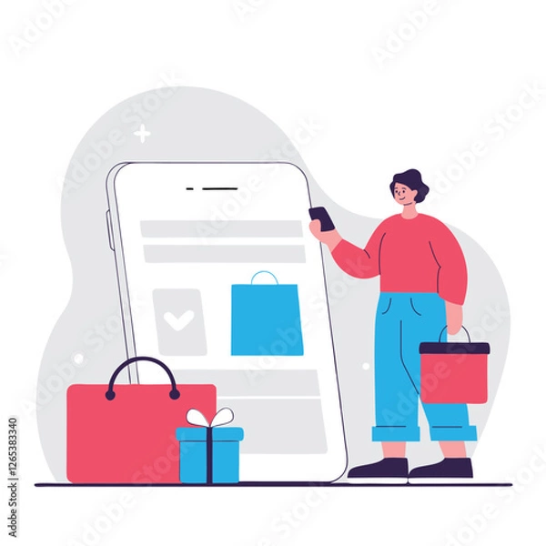 Obraz A modern illustration depicting a man and woman engaging in online shopping with colorful shopping bags, representing diverse environments.