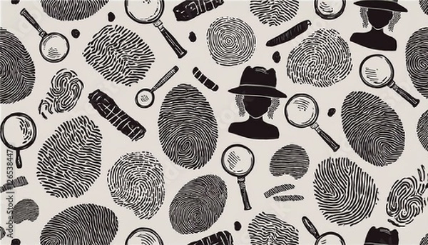 Fototapeta Detective seamless pattern. Hand drawn sketch doodle style crime background. Footprint, fingerprint, magnifier detective investigation pattern. perfect any project.